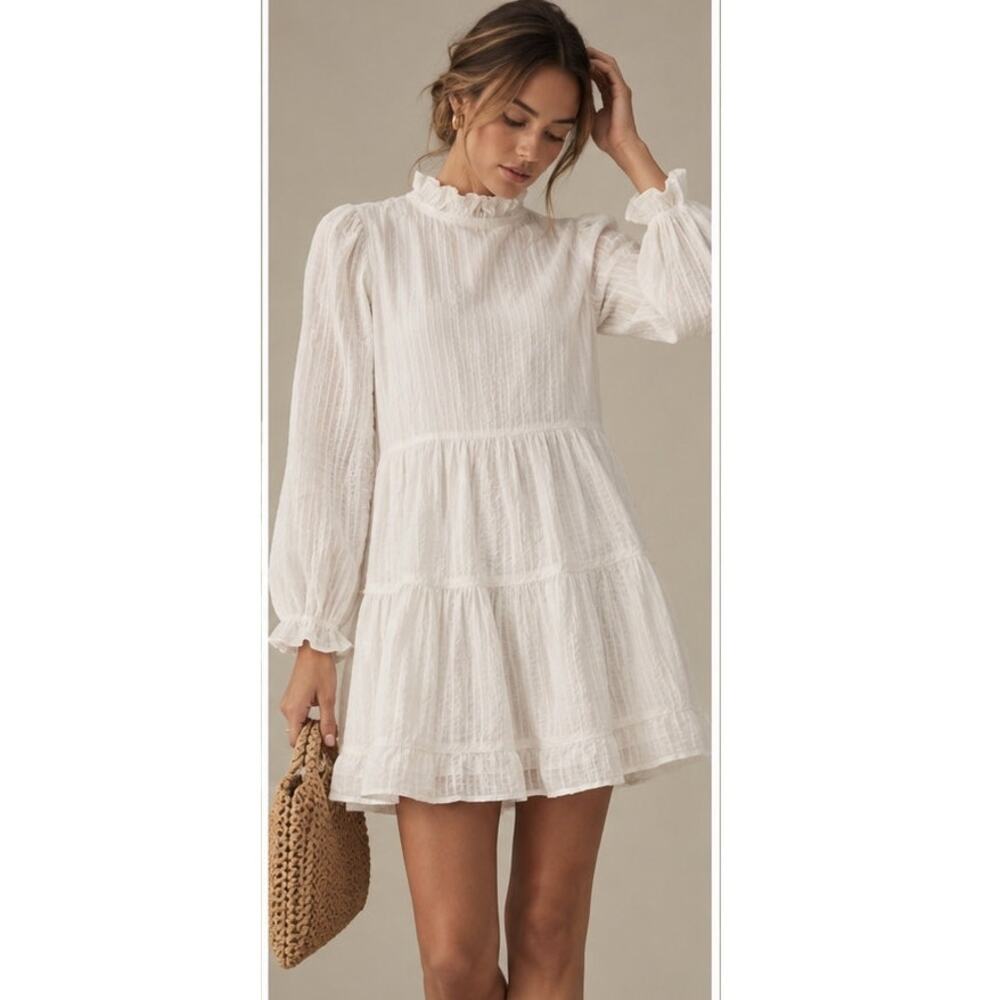 En Saison White Textured Ruffle Neck Long Sleeve Mini Dress Small